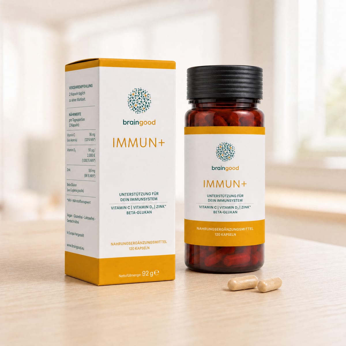 Immun+ Faltschachtel und Braunglas-Dose mit Kapseln
