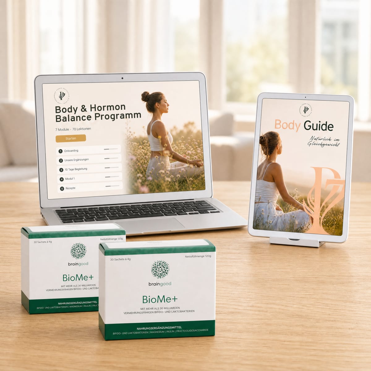 Body-Paket: Programm auf dem Laptop, Guide auf dem Tablet und BioMe+ Boxen