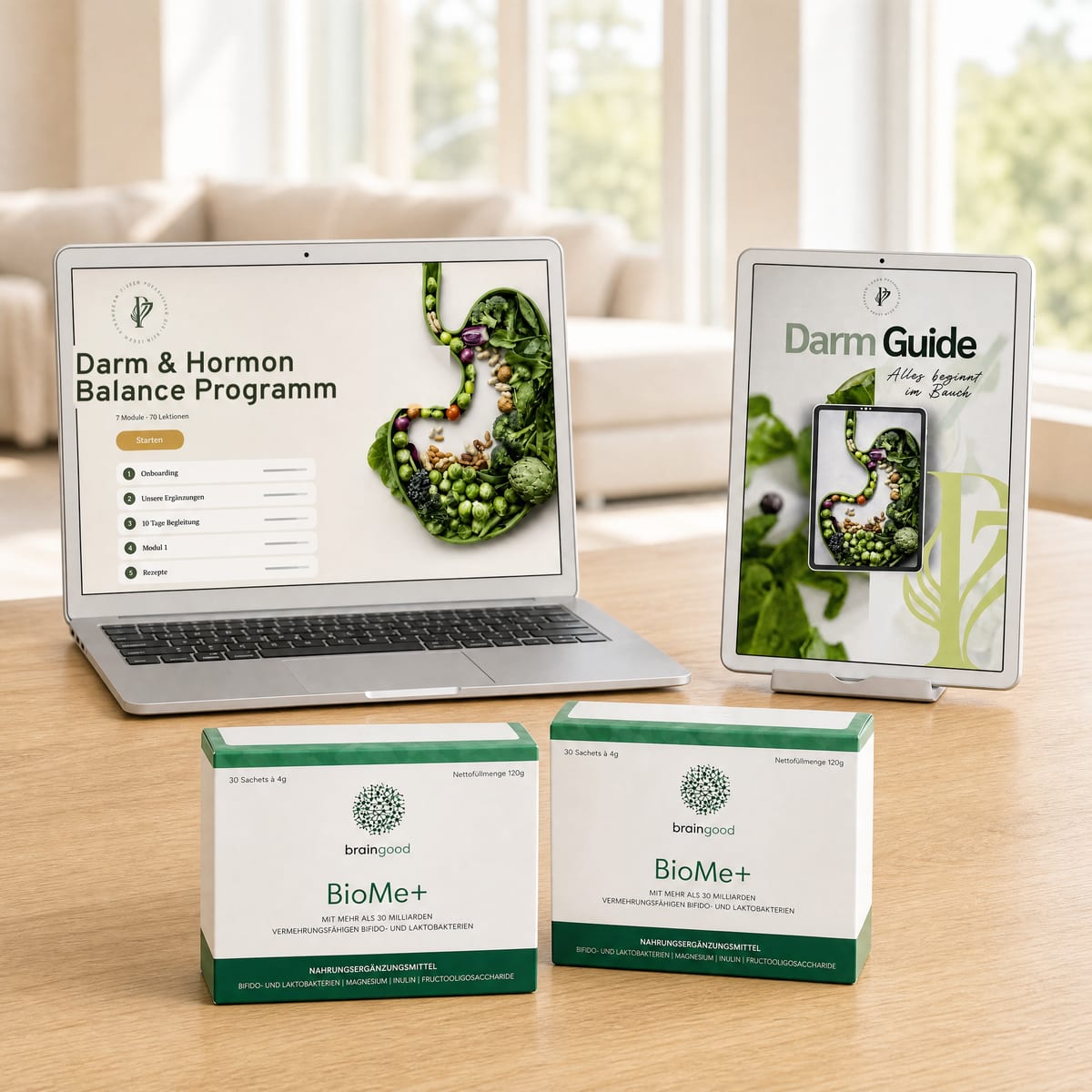 Darm-Paket: Programm auf dem Laptop, Guide auf dem Tablet und BioMe+ Boxen